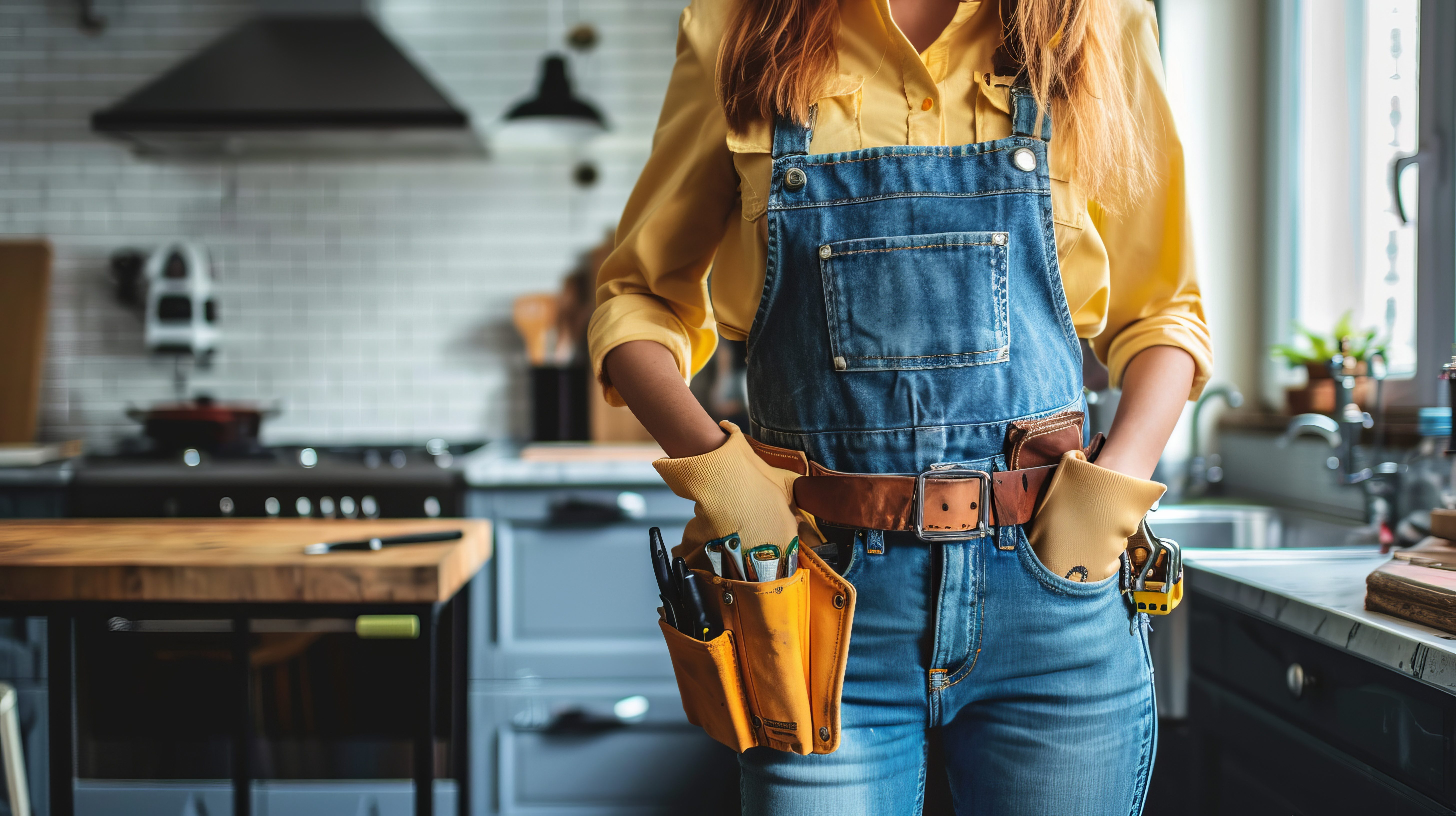 A woman in denim overalls with pockets full of various tools stands in a modern kitchen, representing readiness for DIY home improvement and maintenance work.